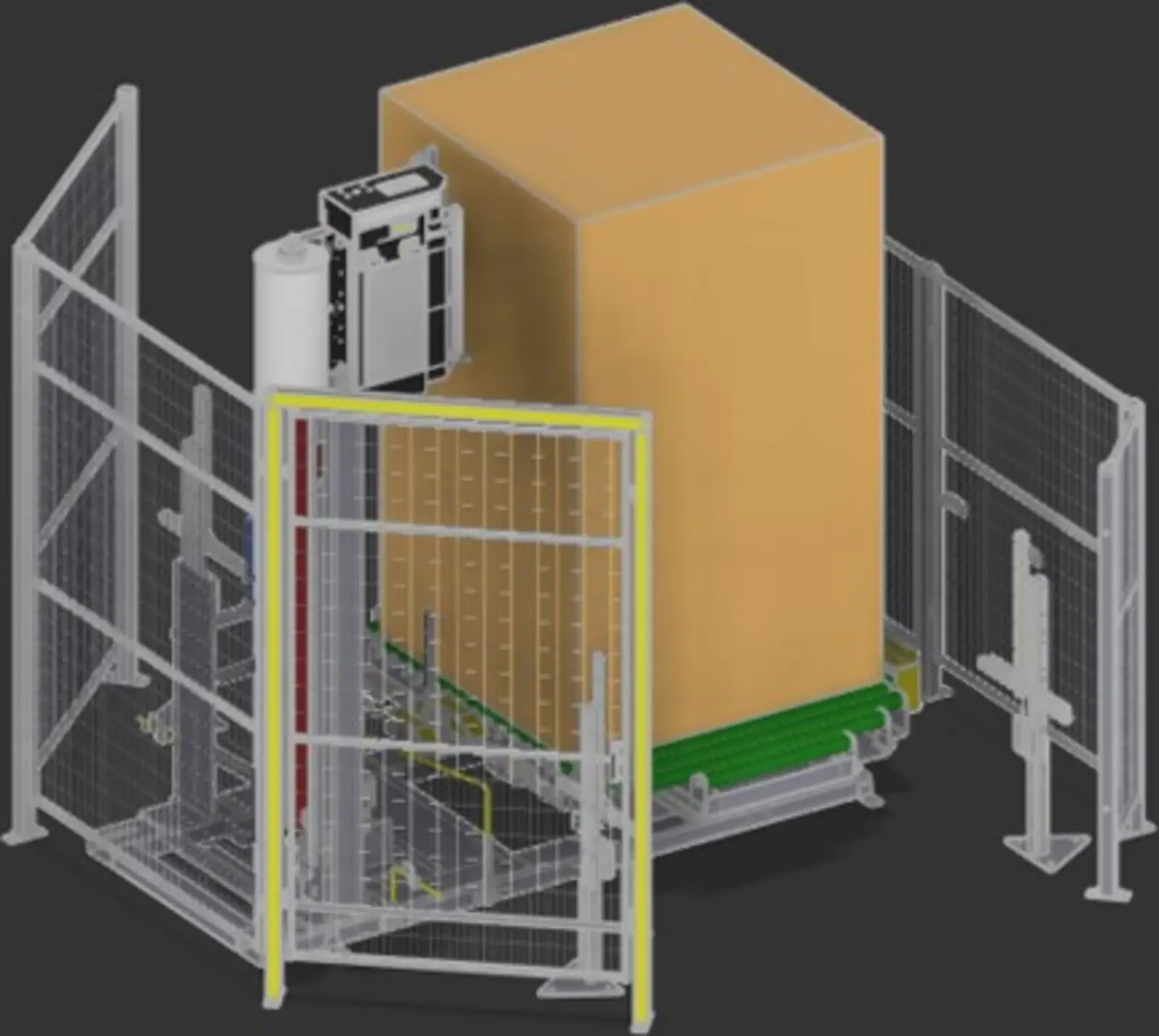 Side view of wrapper system used to illustrate packaging equipment context and controls continuity.